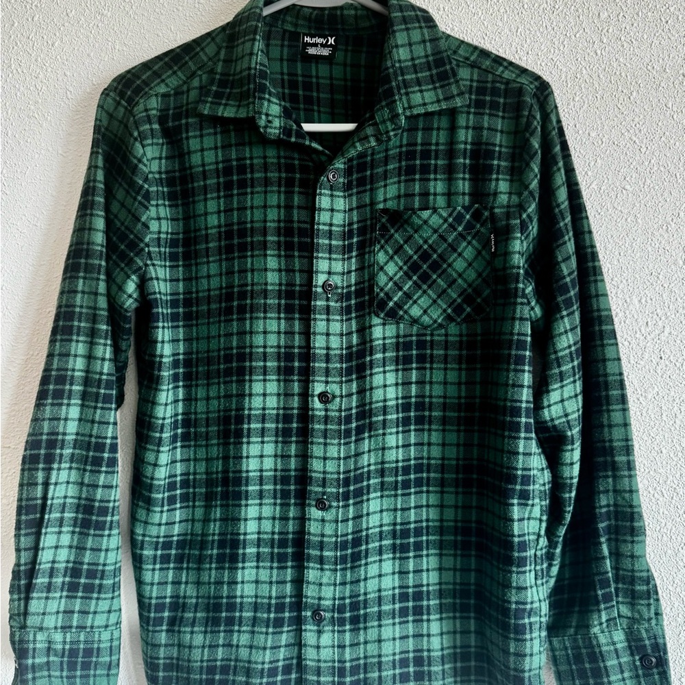 Hurley Green and Black Plaid Button Down Shirt